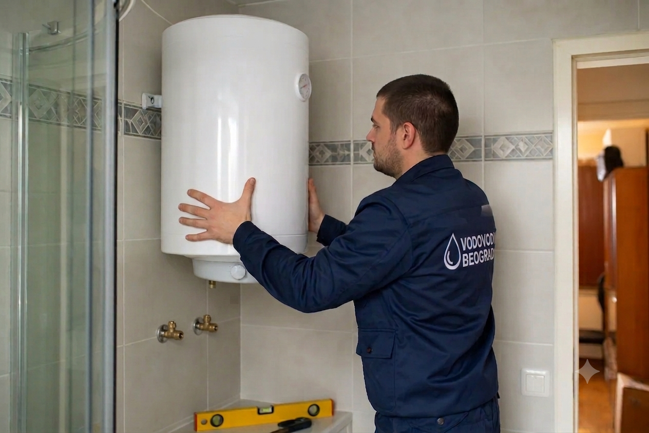 Vodoinstalater montira novi bojler na zid kupatila — ugradnja bojlera Palilula, Niš